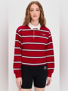 NWT Sporty&Rich Red Striped Rugby Polo with White Collar